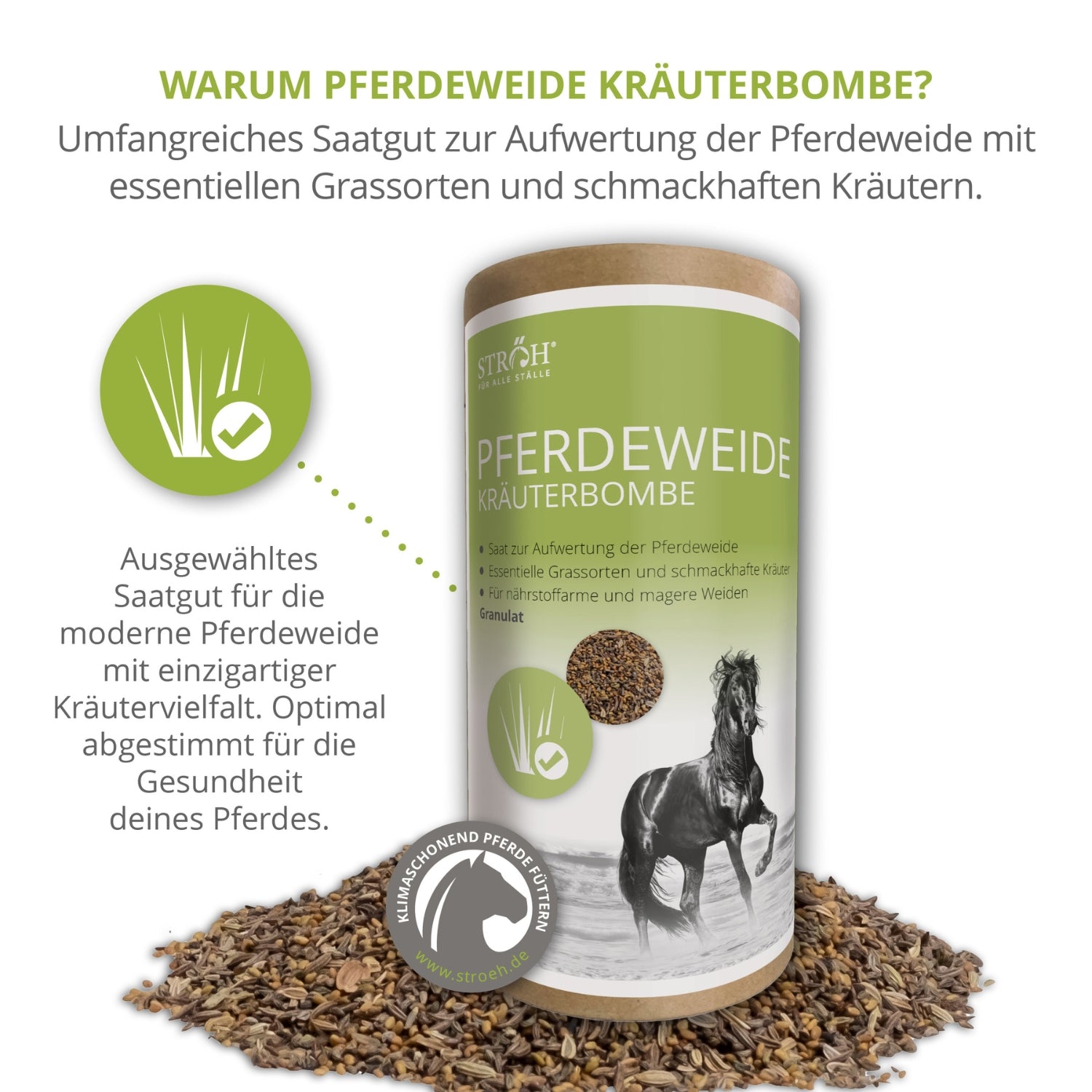 STRÖH Pferdeweide Kräuterbombe für Pferde 1kg Feedbox Dose