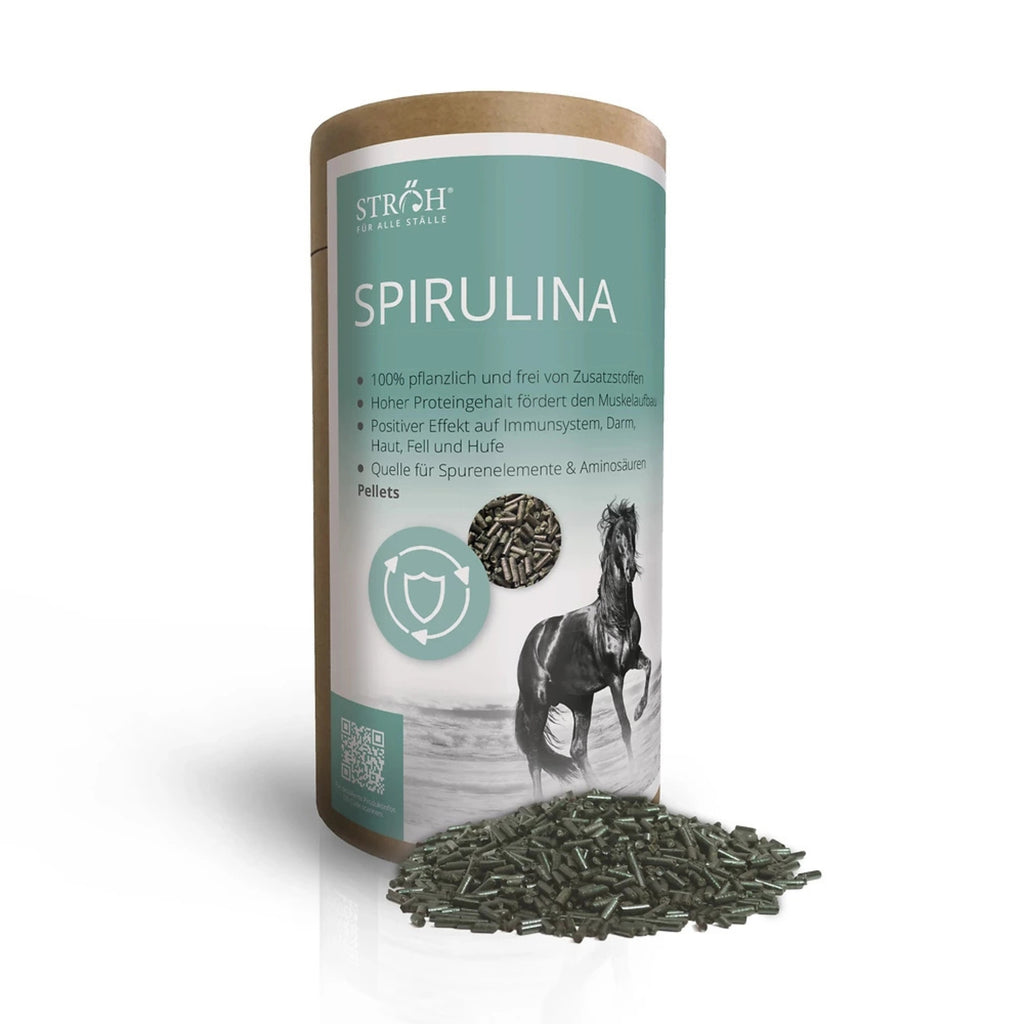 STRÖH Spirulina Pellets für Pferde 1,3kg Feedbox Dose